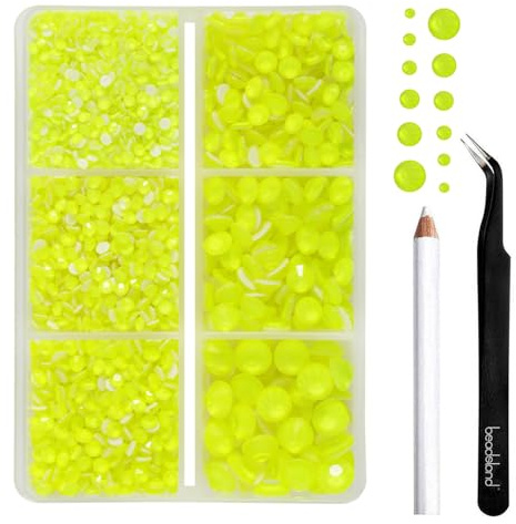 BEADSLAND Strass Termoadesivi, 4000 Pezzi Strass Hotfix Gialli per Abbigliamento Artigianato Misto 6 Dimensioni con Matita di Cera e Kit Pinzette, SS6-SS30, Giallo Neon