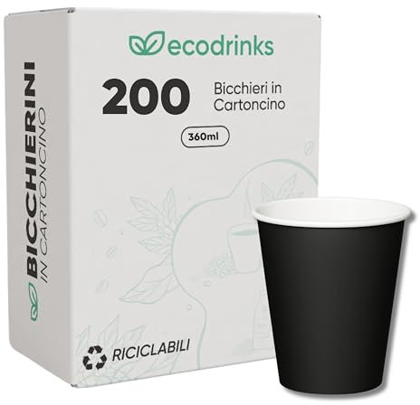 ecodrinks - 200 Bicchieri Carta Nero da 360ml - Per Acqua, Cocktail, Bevande Calde e Fredde - Biodegradabili, Eco-friendly e Made in Italy