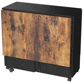 Warmiehomy 5 Piece Folding Dining Table and Chairs Wooden Drop Leaf Dining Table with Storage Shelves & 6 Wheels and Kitchen Stools Set of 4 for Compact Apartment Home Living Room, Space Saving