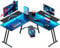 HLFURNIEU Bureau Gaming Angle 130 x 130 cm avec LED, Bureau Gamer en L avec Support de Moniteur, Table Gaming à Surface en Fibre de Carbone pour Étudier, Travailler et Jouer, Noir