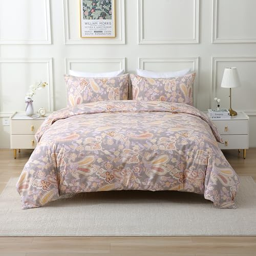 USTIDE Klassisches Vintage-Paisley-Bettwäsche-Set, Baumwolle, Kingsize-Bett, Gold, Grau, Blumenmuster, 3-teilig