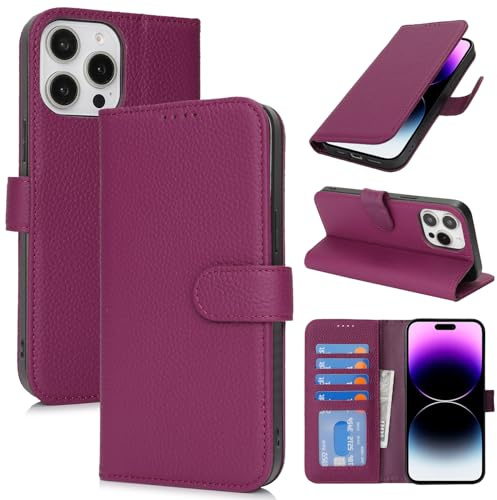 Zouzt Echtleder Hülle für iPhone 14 Pro Max 6,7, 4 Kartenfächern,Rose Lila | Premium Leder, Kartenhalter, Magnet Klapp Schutzhülle, Stoßfeste TPU-Innenhülle, Frauen Männer, Leather Wallet Phone Case