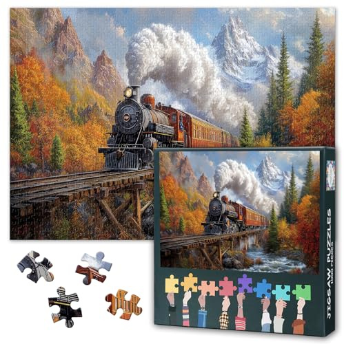 Autumn Steam Train 1000 Piece Puzzle for Adults, Train | 1000-piece jigsaw with poster & lettered backs; for train fans, relaxing hobby, or wall decor. Finished size 27.5x19.7 in