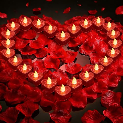 ZOYDP 24 Stück Herz Form LED Teelichter, Flammenlose Herz Teelichter Rot, mit 2000 Stücke Künstliche Gefälschte Rosenblätter, LED Kerze Liebe Deko für Valentinstag, Hochzeit, Warmes Gelbes Licht