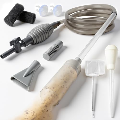 Mulmsauger Aquarium Sauger mit 5 Aufsätzen - Aquarium Wasserwechsel mit Pumpe und Schlauchventil, Aquarium Reinigungsset für Kiesreiniger & Bodenreiniger - Zubehör Für kleine & große Aquarien