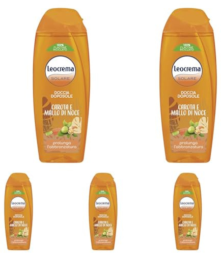 Leocrema, Docciaschiuma Doposole, Prolunga l'Abbronzatura, Idrata e Rigenera la Pelle, Arricchito con Carota e Mallo di Noce, 250ml (Confezione da 5)