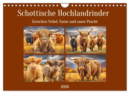 Schottische Hochlandrinder. Zwischen Nebel, Natur und rauer Pracht (Wandkalender 2026 DIN A4 quer), CALVENDO Monatskalender: Majestätische Hochlandrinder in magischer Landschaft (CALVENDO Tiere)