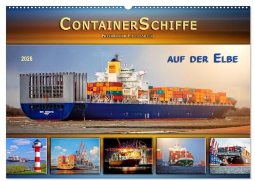 Containerschiffe auf der Elbe (Wandkalender 2026 DIN A2 quer), CALVENDO Monatskalender: Große Pötte auf dem Weg zu den Container-Terminals im Hamburger Hafen. (CALVENDO Mobilitaet)