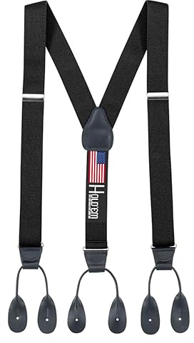 HOLD'EM Tuxedo Suspenders for Men Black Genuine Leather Button End 1.25 Inches Mens Braces Suspenders- Black (Regular 46 Long)