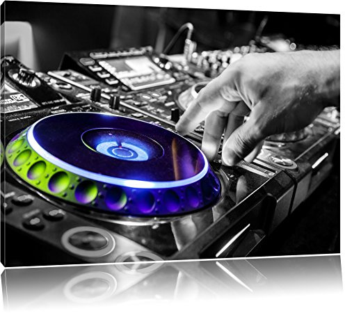 Pixxprint DJ bei der Arbeit am Plattenteller B&W, Größe: 100x70cm, Leinwandbild, fertig gespannt, Wandbild, Dekoration, Kunstdruck, kein Poster