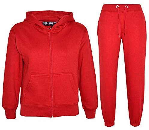 A2Z 4 Kids Girls Boys Tracksuit Plain Camouflage Fleece Hooded - T.S Plain Red 11-12