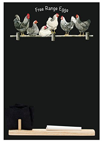 Chalkboards UK pequeña pizarra/pizarra/pizarra/pizarra de cocina con estampado diseño de rango libre huevos. Plus bandeja, pieza de tiza y borrador de fieltro. De Cabina diseño gama, madera, negro