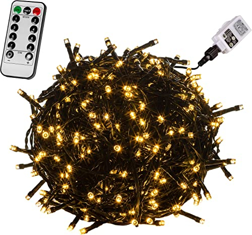 VOLTRONIC LED Lichterkette, IP44, Modell- und Farbwahl, 50 LEDs, Grünes Kabel, warmweiß, Fernbedienung