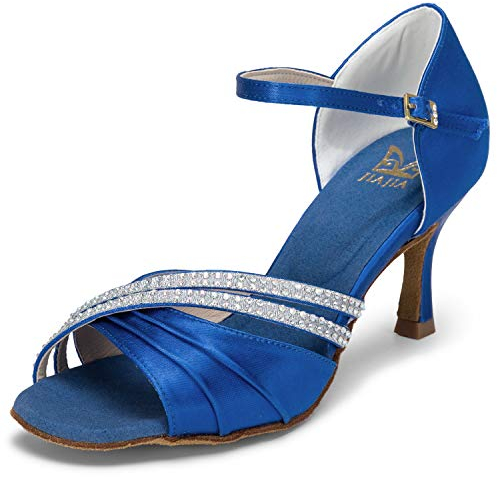 JIA JIA JIA JIA 20524 Lateinische Damensandalen 2,7'' Ausgestellter Absatz Super Satin Tanzschuhe Farbe Blau, Größe 8 UK / 42 EU