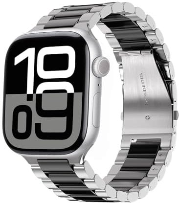 ARTCHE Metal Strap for Apple Watch Straps 42mm 41mm 40mm 38mm, Replacement Strap Compatible with iWatch Series 10/9/8/7/6/5/4/3/2/1/SE/SE2, Stainless Steel Link Band Belt for iWatch, Silver & Black