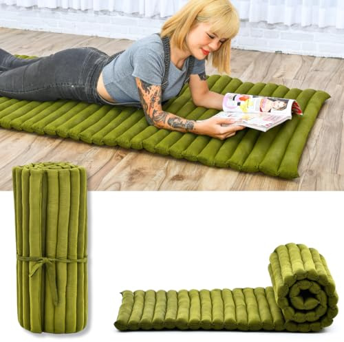 Leewadee Rollable Floor Mat M – Comfortable and Rollable Thai Mattress, Soft Massage Mat Filled with Eco-Friendly Kapok, 190 x 70 cm, green