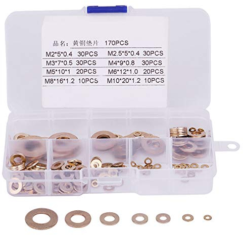 Brass Flat Washer Assortment Set, 180 Pcs Walfront Metal Washers with Box M2/M2.5/M3/M4/M5/M6/M8/M10 for Electrical Connections on Household and Commercial Appliances