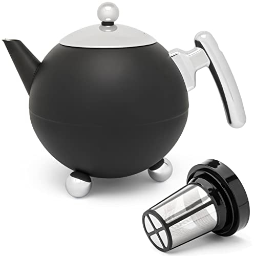 Bredemeijer Bella Ronde Edelstahl-Teekannen-Set 1.2 L - Große doppelwandige Edelstahlkanne in Kugelform mit Füßen, schwarz - Mit Tee-Filter Sieb-Aufsatz für losen & Blätter-Tee