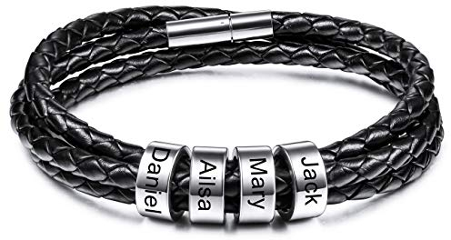 MeMeDIY Personalisierte Armbänder Gravur 2-6 Namen ID für Frauen Männer Echtes Leder Edelstahl Perlen Geflochtene Manschette Brautjungfer Geschenke Bester Freund (4 Silber perlen)