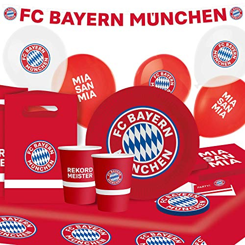 Amscan 9907650 - Partyset FC Bayern München, 8 Teller, 8 Becher, 20 Servietten, 12 Untersetzer, Papiertischdecke, 8 Beutel, Girlande, 6 Ballons