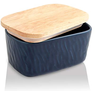 KOOV Porzellan Große Butterdose mit Deckel für Arbeitsplatte, luftdichter Butterbehälter mit Eichendeckel, Buttertopf perfekt für 2 Stäbchen Butter, Texture Serie (dunkelblau)