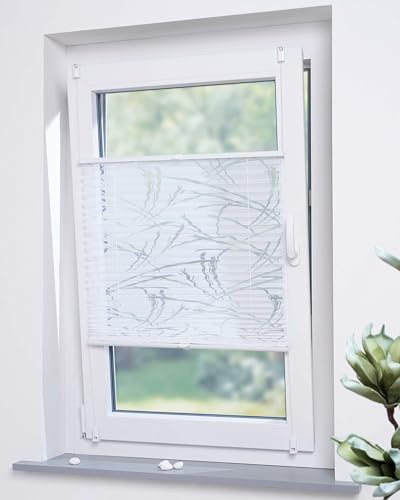 DECOLIA Fenster Faltrollo 60 x 210 cm Burnout Streifen, Weiß - Lichtdurchlässiger Sichtschutz und Fenster Deko, Plissee ohne Bohren mit Klemmfix