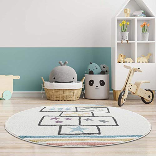carpet city Kinderteppich - Hüpfkästchen 160 cm Rund Creme Multi - Kinderzimmer Teppich Hüpfspiel