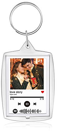 Porte-Clés à Code Spotify Personnalisé avec Photo Gravée et étiquette de Musique Cadeau Scannable de Porte-clés de Chanson Spotify pour les Femmes Copain Saint-Valentin (Argent 1)