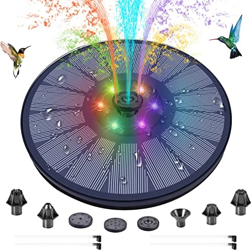 Solar-Wasserfontäne mit 6 farbigen LED-Lichtern, 3W Solar-Brunnenpumpe, 1500mAh Solar-Wasserpumpe mit 7 Düsen + 4 Antikollisionsstangen Solar-Wasserobjekte für Gärten, Vogelbad