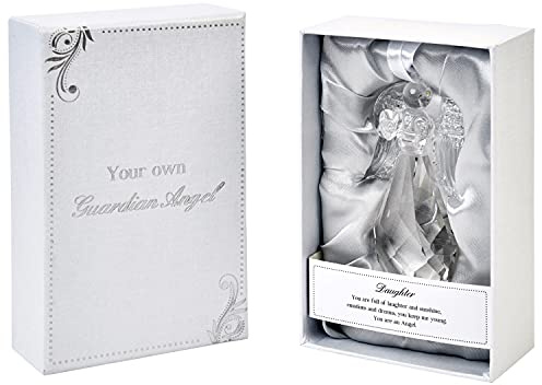 Guardian Angel Figurine transparent Crystal Ornament for Daughter, Outdoor Garden & Office, Glass Statue Religious Heart-Warming Caption in Gift Box, Home Decor Gifts, One Size
