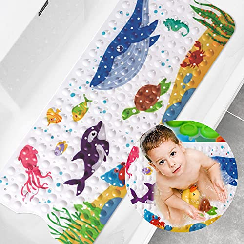 JOTOL Alfombra de Bañera Antideslizante,Alfombrilla Antideslizante Bañera 100×40cm,Alfombra de Baño Extra Larga con 200 Ventosas,Alfombra Bañera Antideslizante Tema Marino