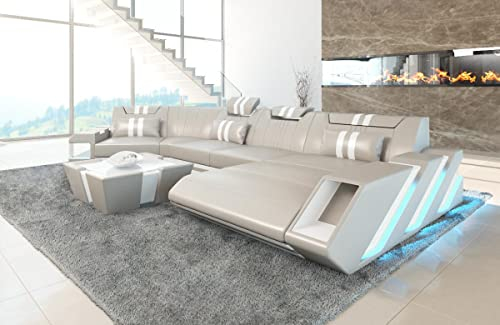 Sofa Apollonia C Form Wohnlandschaft Leder Couch mit Kopfstützen Ledersofa mit LED Beleuchtung (Ottomane rechts, Beige-Weiß)
