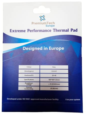 PremiumTech Europe Tapis thermique professionnel de performance extrême avec conductivité thermique 20 W/MK, idéal pour GPU ou CPU haut de gamme, taille XXL 100 x 100 mm (2 mm)