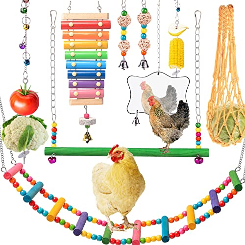 KAKUNM Hühnerstall Zubehör 9 Stück – Hühnerspielzeug für Stall, Hühnerschaukel, Hühnerbarsch, Vogelschaukel, Haustierschaukel, Vogelspiegel, Hühnerhaus, hängende Hühnerfutterstation
