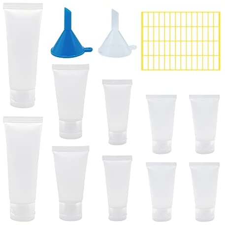 HLIWS Auffüllflasche,Klare Kosmetik Behälter 10 Stück(15ml/20ml/30ml/50ml)+2 Kunststofftrichter+56stk Etikette für Shampoo,Duschgel,Lipgloss,Lotion
