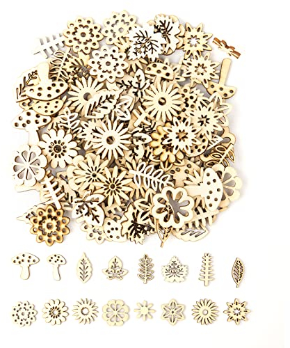 FRUHLING 100 Stück Holzblume und Blatt Scheiben Naturholzscheiben Holzscheiben Holzanhänger Holzstreuteile für Weihnachtsdeko Tischdeko Streudeko Hochzeitsdeko Sammelalben DIY Handwerk