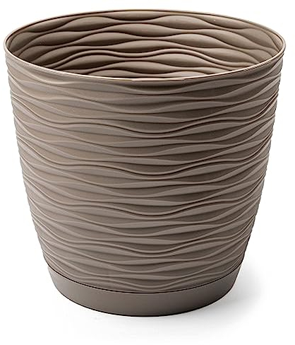 Acan Tradineur - Maceta Redonda con Plato - Diseño Wind (Ø 23 cm) - Fabricado en plástico - Ideal para jardín Exterior, terraza o balcón - Color Topo