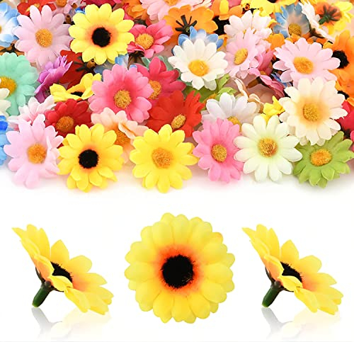 FANNAS 100 Stücke Bunt Mini Seidenblumen,Gerbera,Seide Blumenköpfe,Kunstblumen Klein,Künstliche Blumenköpfe,Künstliche Sonnenblumen Köpfe,Entworfen für Blumendekorationen, DIY (Farbmischung Daisy)