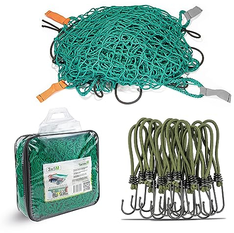 CargoVA® Intelligentes Anhängernetz 3x4M [DEKRA Geprüft] - Hängernetz mit Gummiseil, Eckenmarkierung und 20 Haken in PVC Tasche
