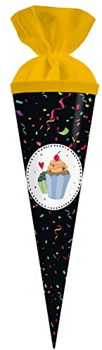 goldbuch 93 214 Geschwistertüte Konfetti, Schultüte mit Muffin-Motiv, Lackkarton, Geschenkverpackung, gelber Filzverschluss (ohne Verschlussband), Zuckertüte rund, Länge 35 cm, Ø 11,5 cm, Schwarz