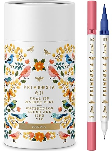 Primrosia Fauna – 60 Aquarellpinsel mit doppelter Spitze und feiner Spitze, Fineliner und Aquarell-Pinselstifte für Kunst, Skizzieren, Illustration, Kalligraphie, permanenter Textmarker, Bullet