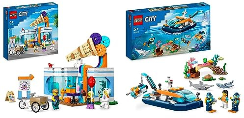 LEGO 60363 City Eisdiele, Spielzeug-Laden für Kinder ab 6 Jahren & 60377 City Meeresforscher-Boot Spielzeug, Set enthält EIN Korallenriff, EIN U-Boot