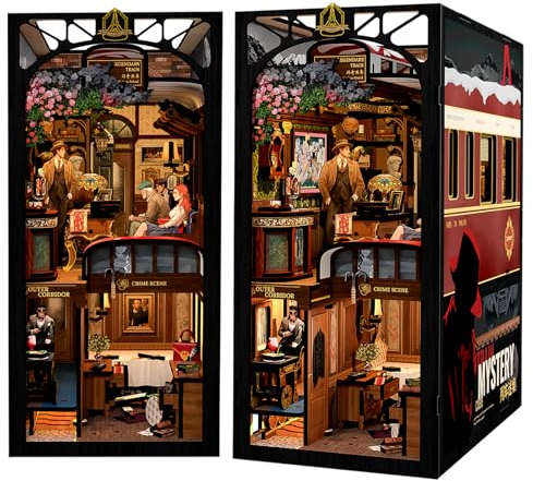 Fsolis DIY Book Nook,Kit Maison de Poupée Miniature avec Lumières LED et Plaque de Protection Contre la Poussière Enfichable,3D Puzzle Booknook Serre-Livres en Bois(Train Mystery Case)