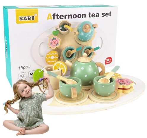 14PCS Nachmittagstee -Set,Hölzerne Kinder -Tee -Set,Küchenaccessoires Spielzeug Tee -Set,Treps Play Tee Set für Kinder,Nachmittags -Tee -Party -Sets für Kinder,Mädchen, Geburtstagsgeschenke