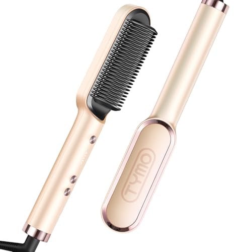 TYMO RING Glättbürste Haarglätter Bürste - Keramik Glätteisen und Haarbürste 2 in 1, Elektrische Verbrühungsschutz Glättungsbürste Kamm, 25s Schneller Aufheizen, 5 Temp Einstellungen, Pfirsich
