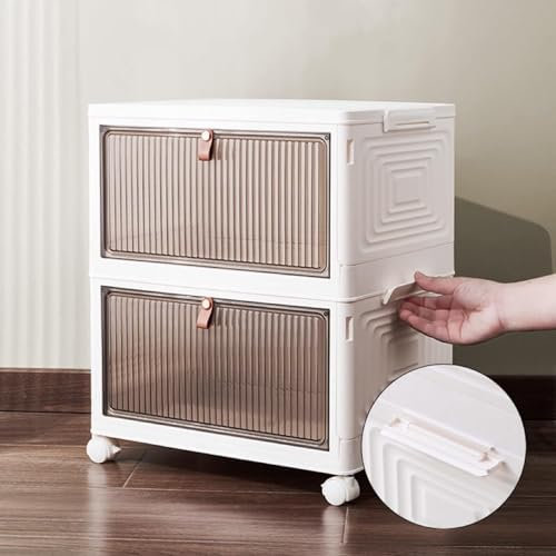 HYGRAD BUILT TO SURVIVE Foldable White Plastic Shoe Box Stackable Storage Cabinet - Rolling Wardrobe Storage Organizer Containers With Lid & Lockable Wheels (2 Tier)