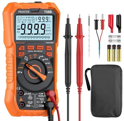 Multimetre Automatique NCV, Proster 9999Compt Multimètre Numérique TRMS Magnétique Grand Ecran, Alerte Jack pour Mesure Cêtes Tension/Courant AC/DC Continuité Résistance Température Capacité