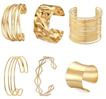 JENCVNL 2 Stück Gold Manschette Armreif für Damen, Gold Offen Armreif Breiter Armbänder Armreif für Damen Mädchen (Mix-6 Stück)