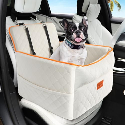 HEGGCOOE Small Dog Car Seat, Memory Foam Dog Booster Seats with Thick Cushion for Medium Dogs Under 35lbs, Detachable Washable Pet Car Seat Bed with Storage Pockets,2 Safety Belts-White