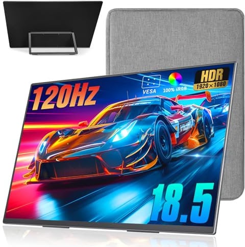 MSDONG Écran Portable 18,5 Pouces + Manchon 1080p 120 Hz 100% sRGB USB-C HDMI Grand Moniteur Portable pour Ordinateur Portable, MacBook, Xbox, PS4/5, commutateur de Voyage, avec béquille et